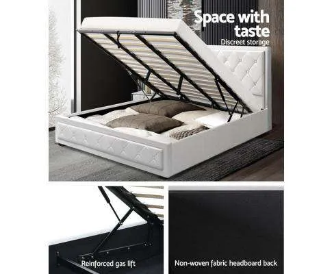 TIYO Gas Lift Bed Frame Base With Storage Mattress PU Leather - White
