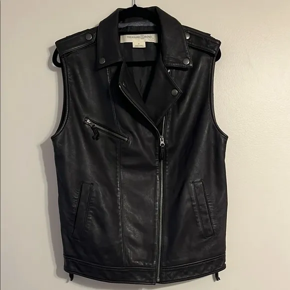 Treasure &amp; Bond Black Leather Jacket Vest Moto Biker asymmetrical zip front