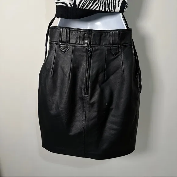 Vintage Black Genuine Leather Mini Pencil Skirt with Pockets &amp; Belt Loops Sz XS
