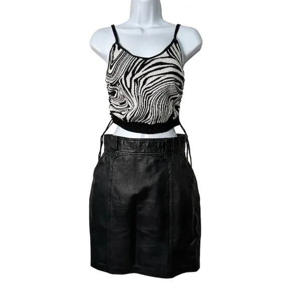 Vintage Black Genuine Leather Mini Pencil Skirt with Pockets &amp; Belt Loops Sz XS