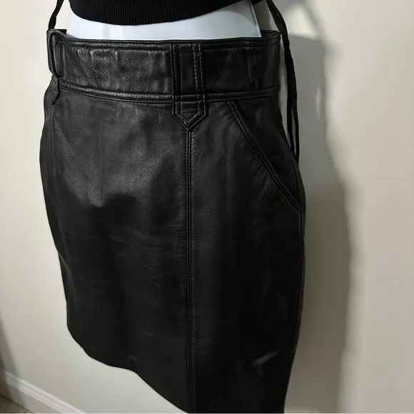 Vintage Black Genuine Leather Mini Pencil Skirt with Pockets &amp; Belt Loops Sz XS