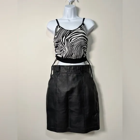 Vintage Black Genuine Leather Mini Pencil Skirt with Pockets &amp; Belt Loops Sz XS