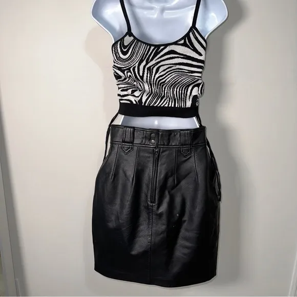 Vintage Black Genuine Leather Mini Pencil Skirt with Pockets &amp; Belt Loops Sz XS