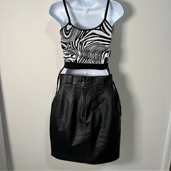 Vintage Black Genuine Leather Mini Pencil Skirt with Pockets &amp; Belt Loops Sz XS