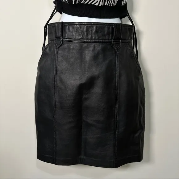 Vintage Black Genuine Leather Mini Pencil Skirt with Pockets &amp; Belt Loops Sz XS