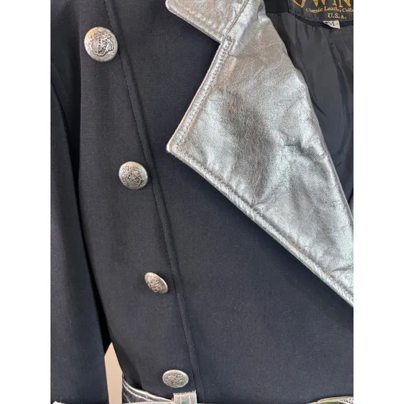 Vintage Twins Leather Military Style Black Silver Jacket Coat Size Medium