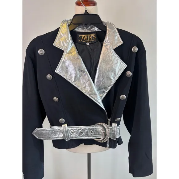 Vintage Twins Leather Military Style Black Silver Jacket Coat Size Medium