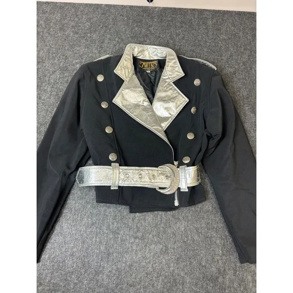 Vintage Twins Leather Military Style Black Silver Jacket Coat Size Medium