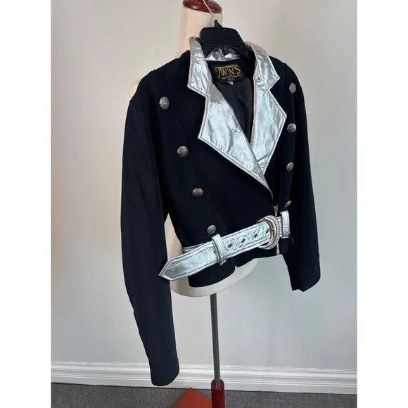 Vintage Twins Leather Military Style Black Silver Jacket Coat Size Medium