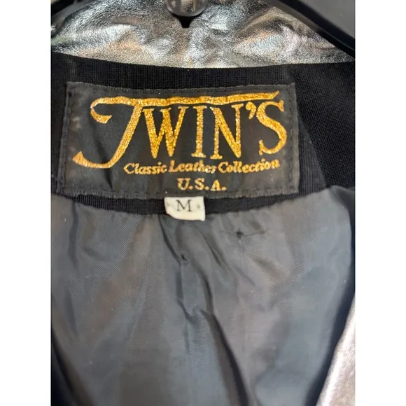 Vintage Twins Leather Military Style Black Silver Jacket Coat Size Medium