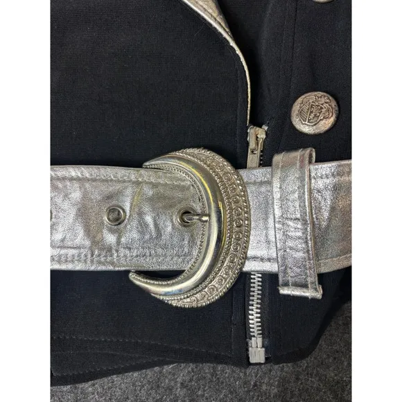 Vintage Twins Leather Military Style Black Silver Jacket Coat Size Medium