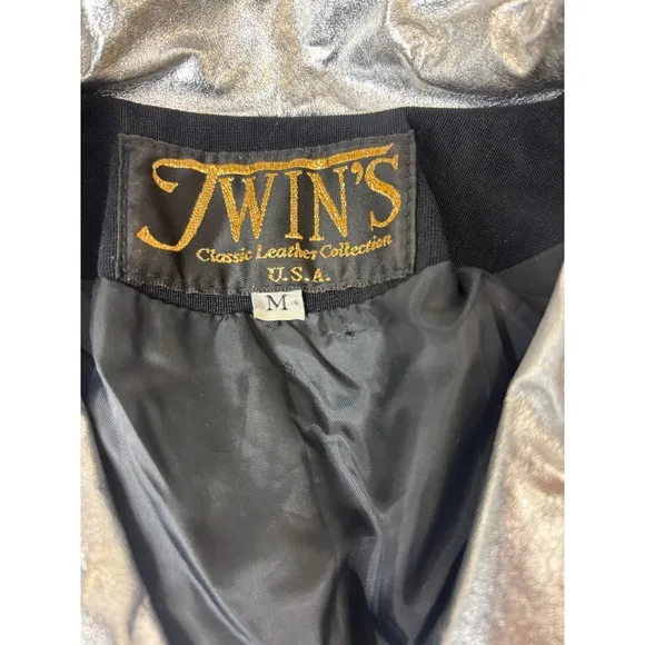 Vintage Twins Leather Military Style Black Silver Jacket Coat Size Medium