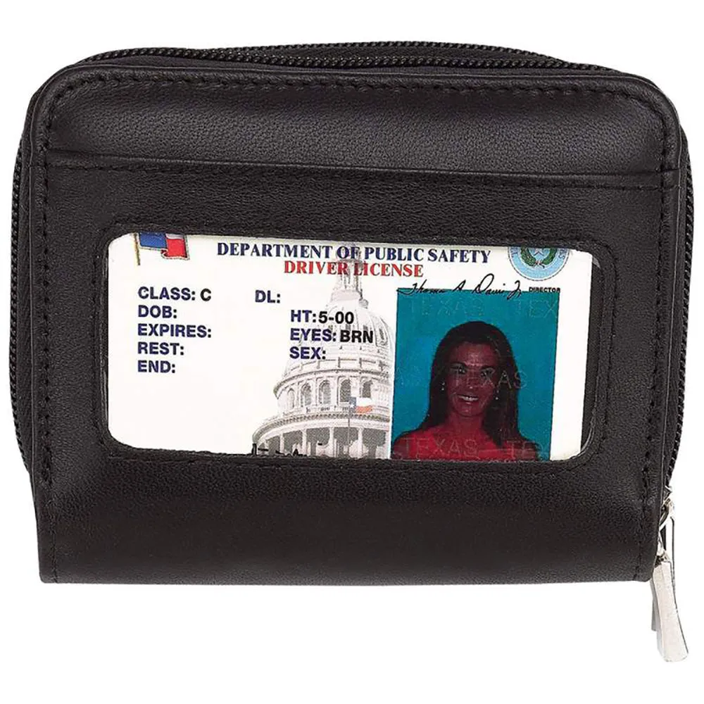 Wallet Accordian Zip Around Black Genuine Leather ID Credit Card Case Holder