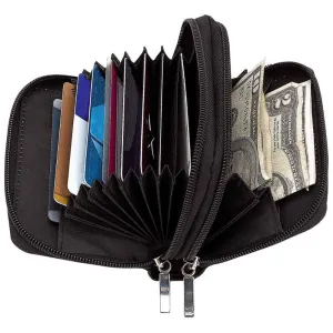 Wallet Accordian Zip Around Black Genuine Leather ID Credit Card Case Holder