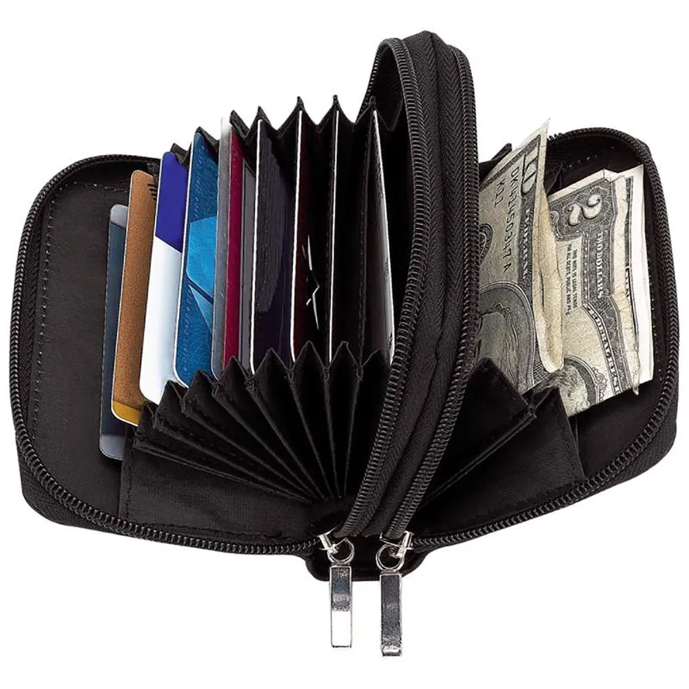 Wallet Accordian Zip Around Black Genuine Leather ID Credit Card Case Holder