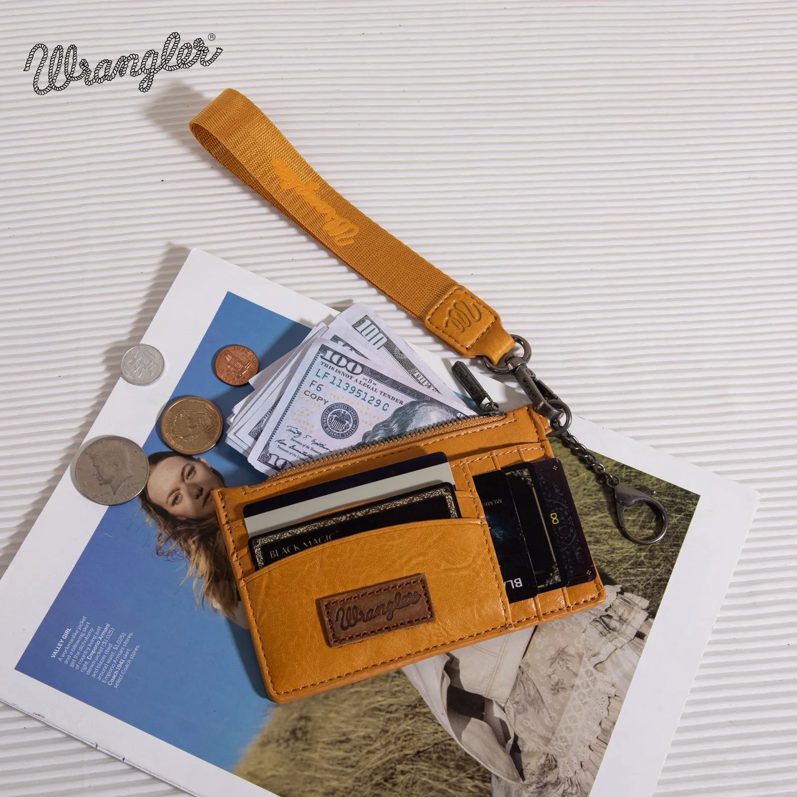 WG137-W009  Wrangler  Solid Color Key Chain Wristlet Card Wallet -Mustard