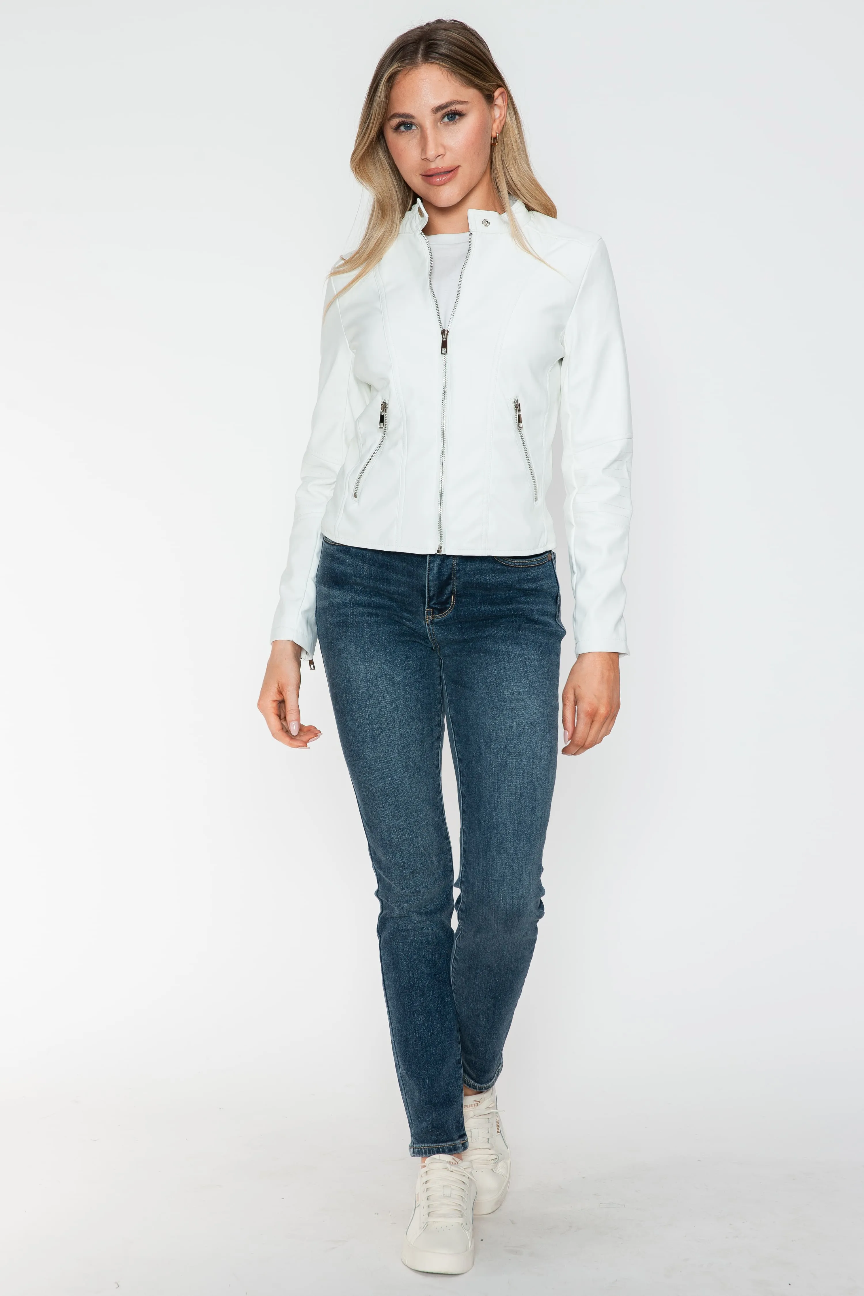 White PU Leather Zip Up Jacket with Pockets