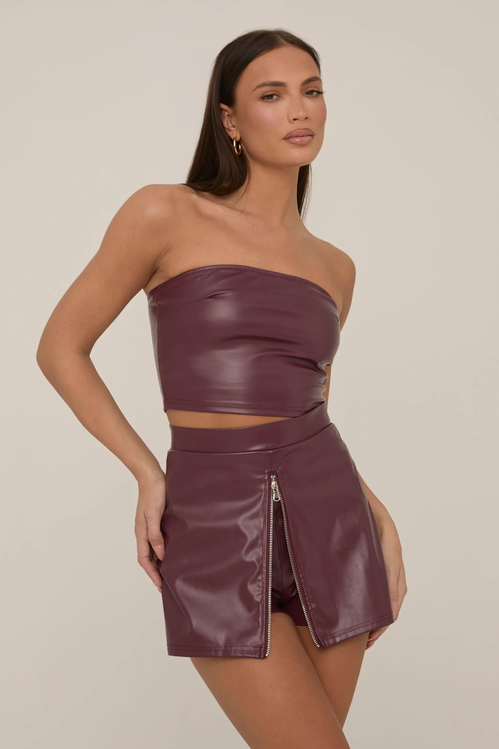 Wine Faux Leather Zip Front Top And Skort Co-ord Set - Saffron