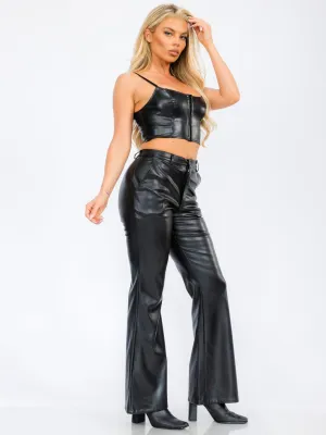 WOMEN'S BUTTON CLOSURE POCKETS WIDE LEG PU PLEATHER PANTS