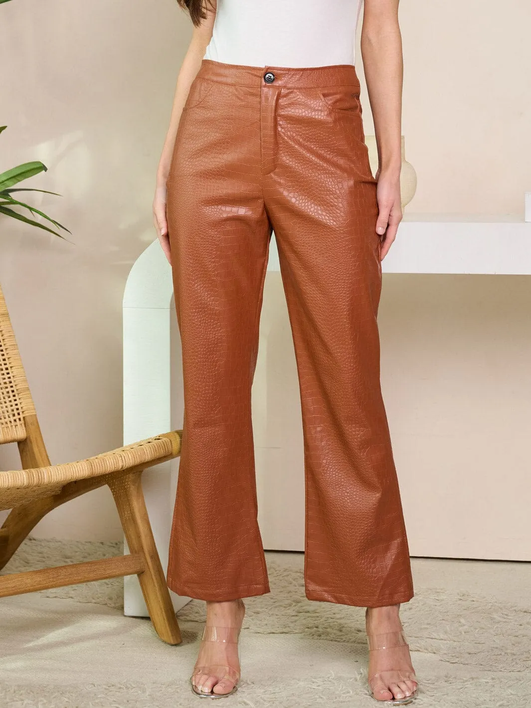 WOMEN'S BUTTON CLOSURE WIDE LEG SNAKE PRINT PANTS
