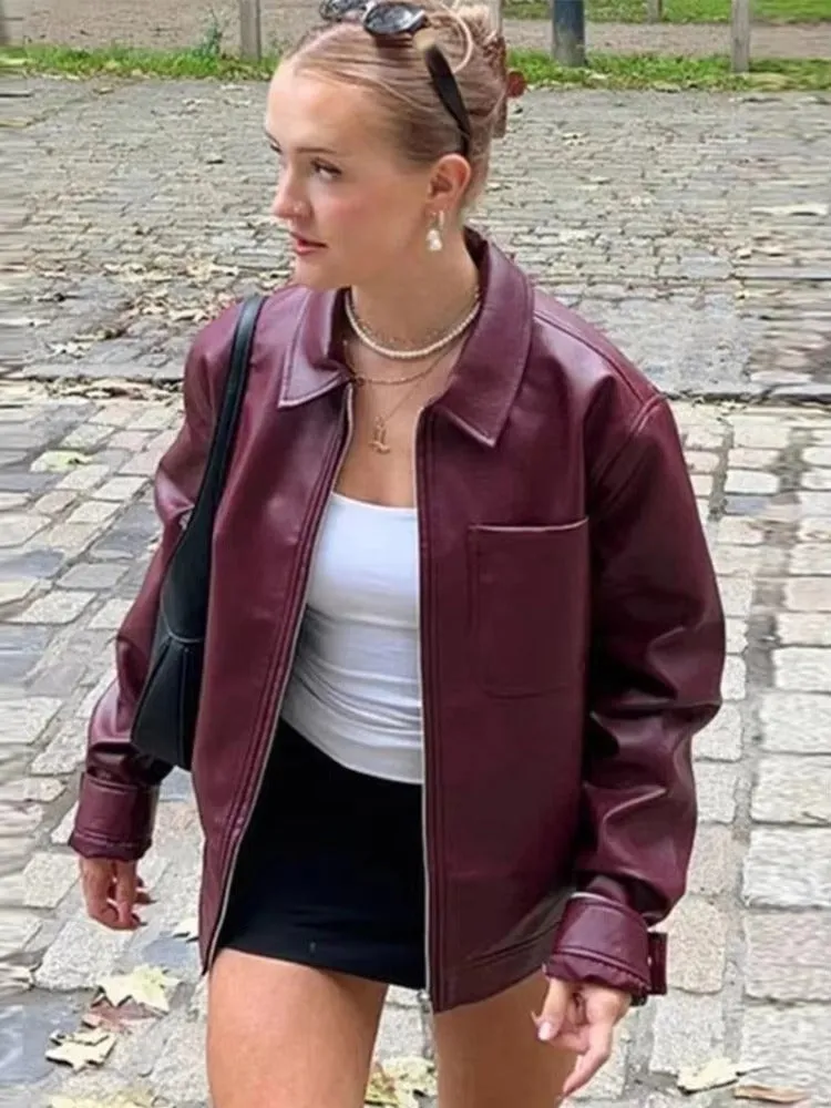 Women™s Faux Leather Moto Biker Jacket - Short, Zipper Closure, Lapel