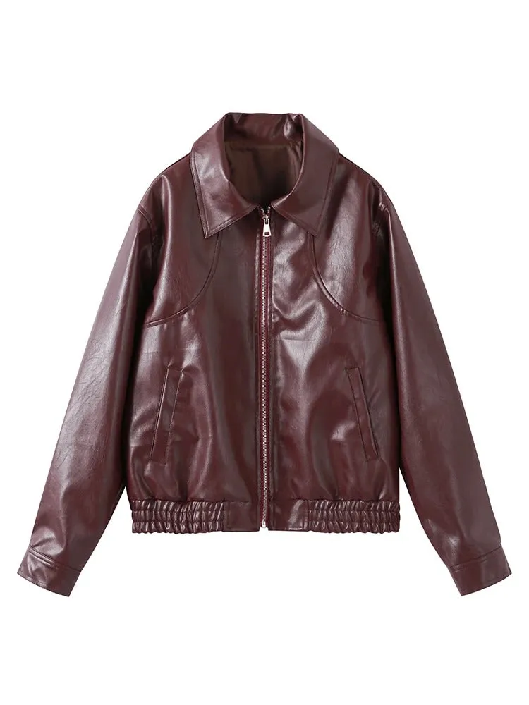 Women™s Faux Leather Moto Biker Jacket - Short, Zipper Closure, Lapel