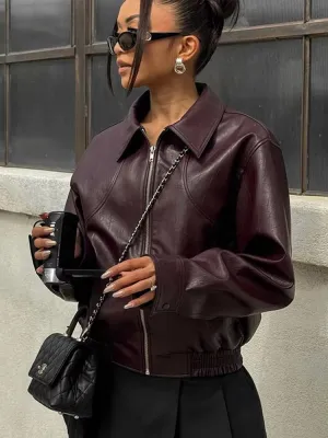 Women™s Faux Leather Moto Biker Jacket - Short, Zipper Closure, Lapel