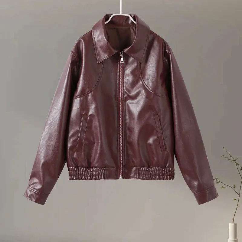 Women™s Faux Leather Moto Biker Jacket - Short, Zipper Closure, Lapel