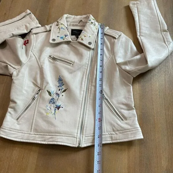 Women’s Floral Embroidered Moto Jacket Faux Leather Medium Ivory Multicolor