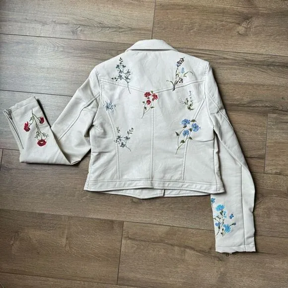 Women’s Floral Embroidered Moto Jacket Faux Leather Medium Ivory Multicolor