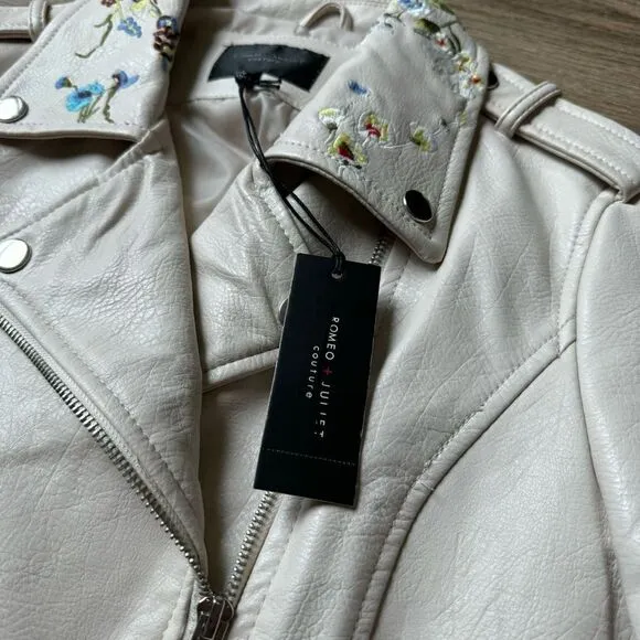 Women’s Floral Embroidered Moto Jacket Faux Leather Medium Ivory Multicolor