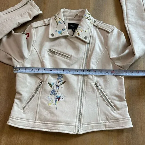 Women’s Floral Embroidered Moto Jacket Faux Leather Medium Ivory Multicolor