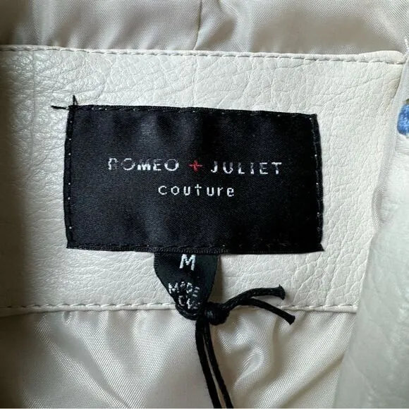 Women’s Floral Embroidered Moto Jacket Faux Leather Medium Ivory Multicolor