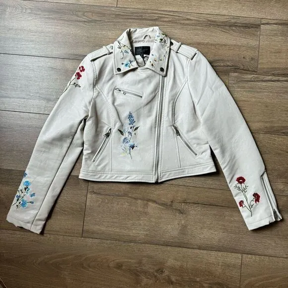 Women’s Floral Embroidered Moto Jacket Faux Leather Medium Ivory Multicolor