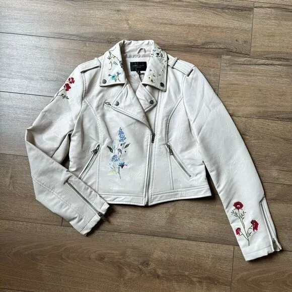 Women’s Floral Embroidered Moto Jacket Faux Leather Medium Ivory Multicolor