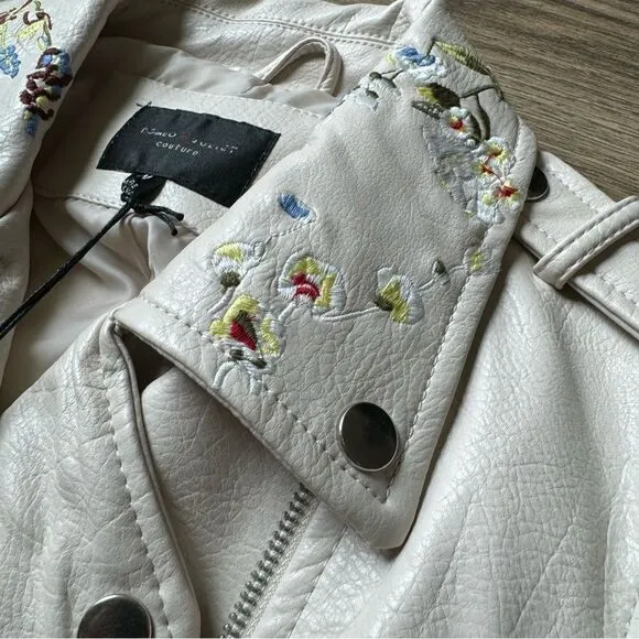 Women’s Floral Embroidered Moto Jacket Faux Leather Medium Ivory Multicolor