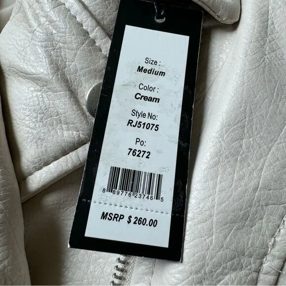 Women’s Floral Embroidered Moto Jacket Faux Leather Medium Ivory Multicolor