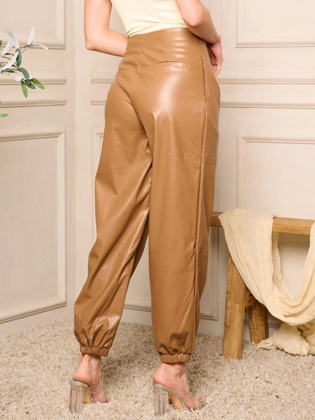 WOMEN'S HIGH WAIST POCKETS PU PLEATHER PANTS
