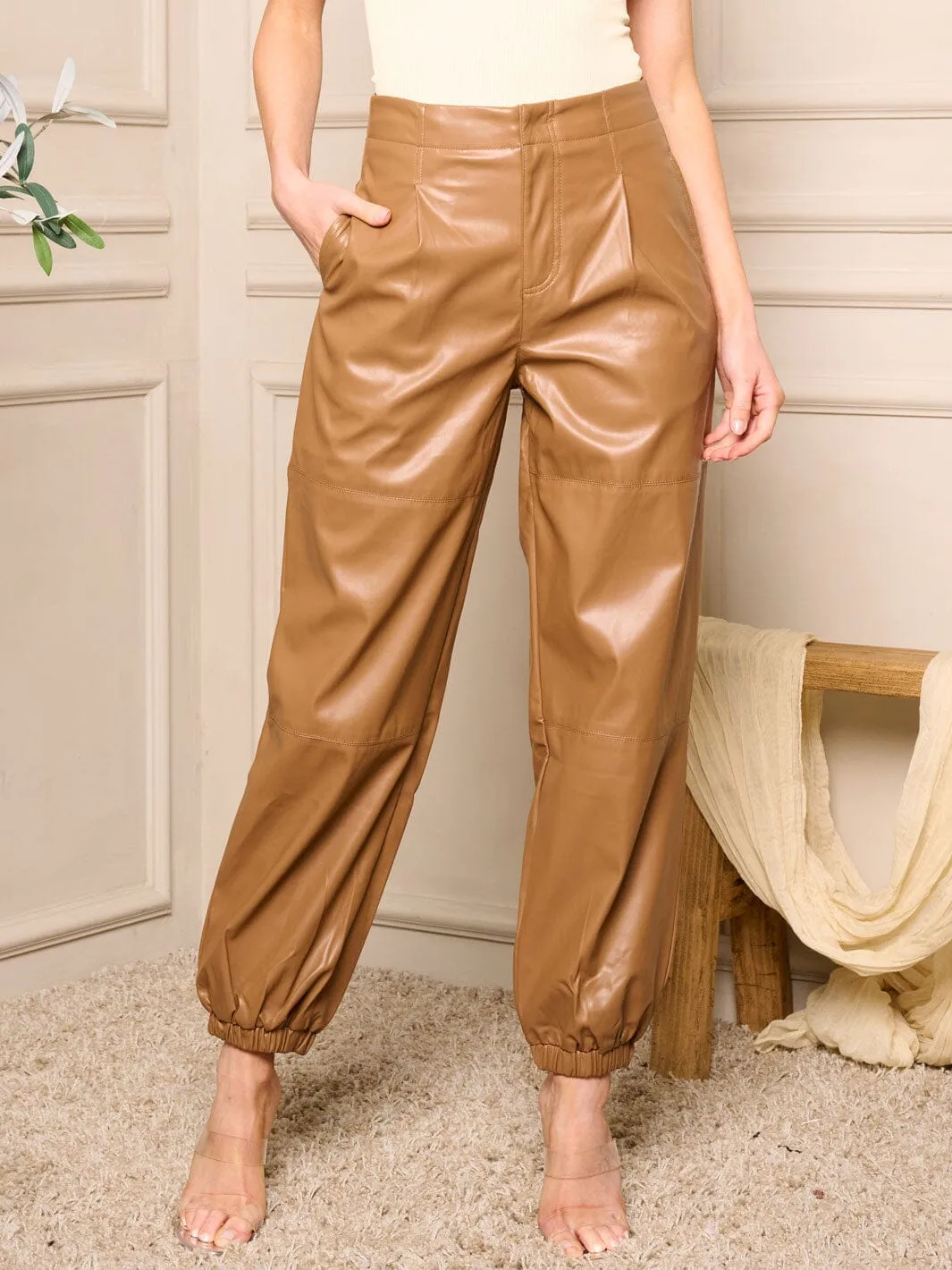 WOMEN'S HIGH WAIST POCKETS PU PLEATHER PANTS