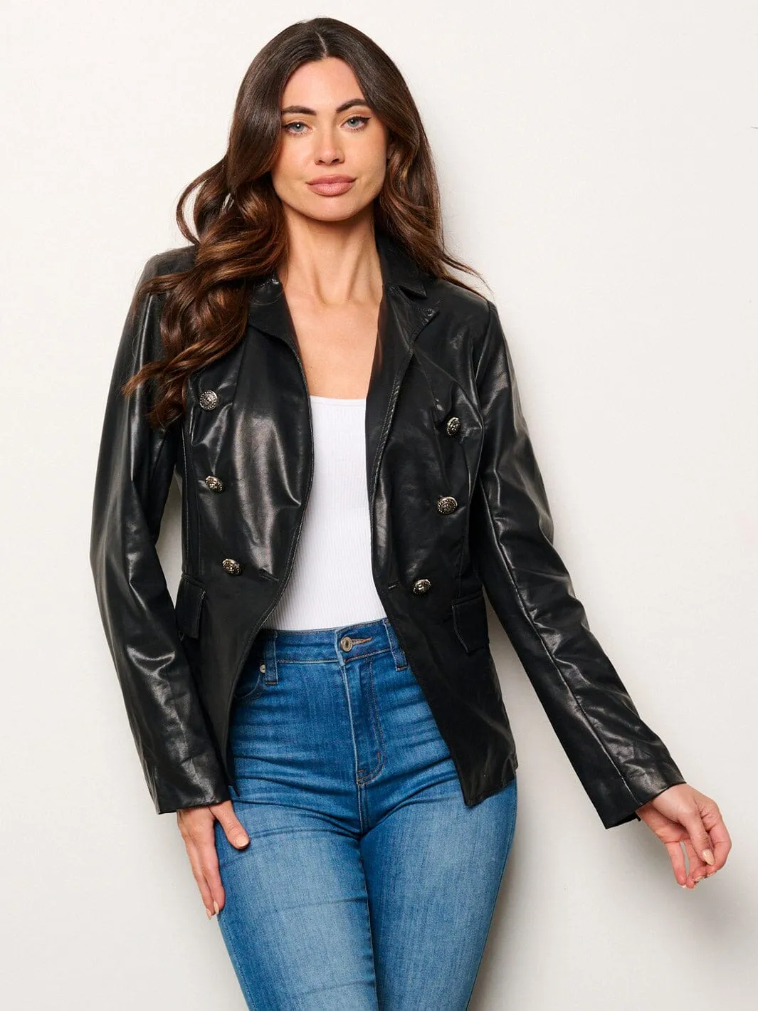 WOMEN'S LONG SLEEVE BUTTON CLOSURE POCKETS PU PLEATHER JACKET