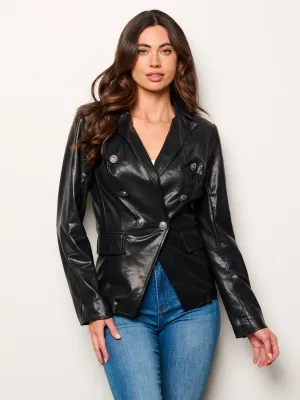 WOMEN'S LONG SLEEVE BUTTON CLOSURE POCKETS PU PLEATHER JACKET