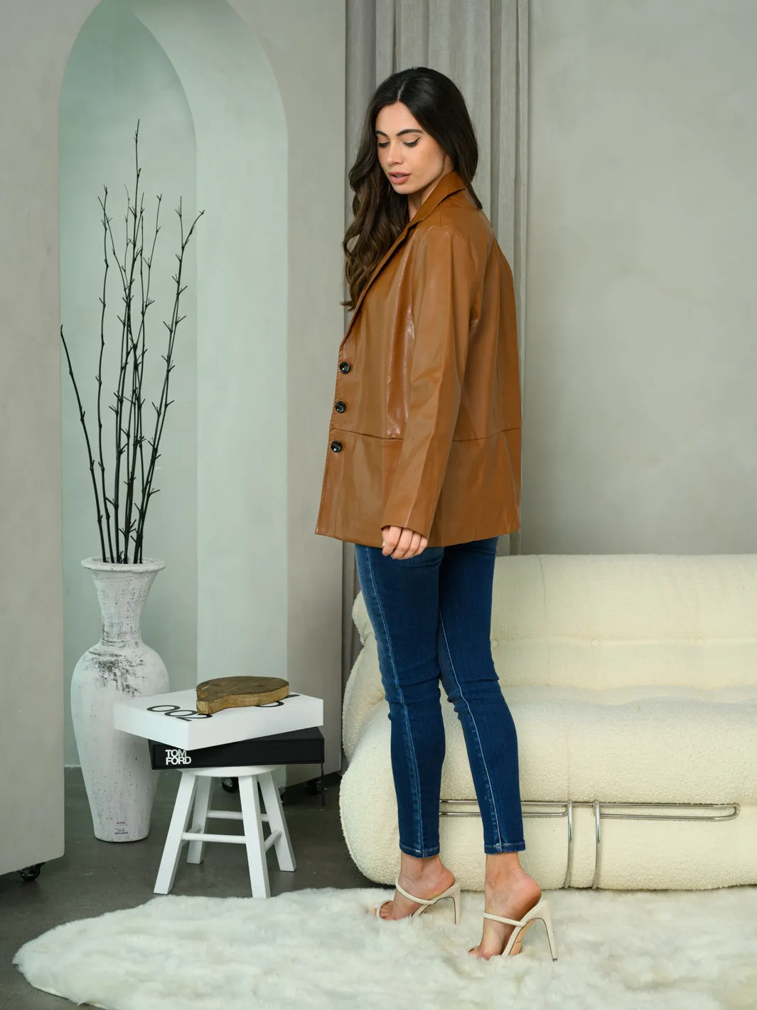 WOMEN'S LONG SLEEVE BUTTON CLOSURE PU JACKET