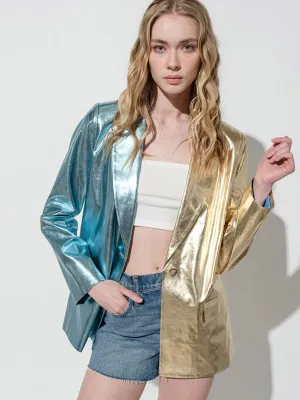 WOMEN'S LONG SLEEVE BUTTON CLOSURE PU PLEATHER COLORBLOCK JACKET
