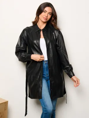 WOMEN'S LONG SLEEVE BUTTON UP SELF TIE PU PLEATHER JACKET
