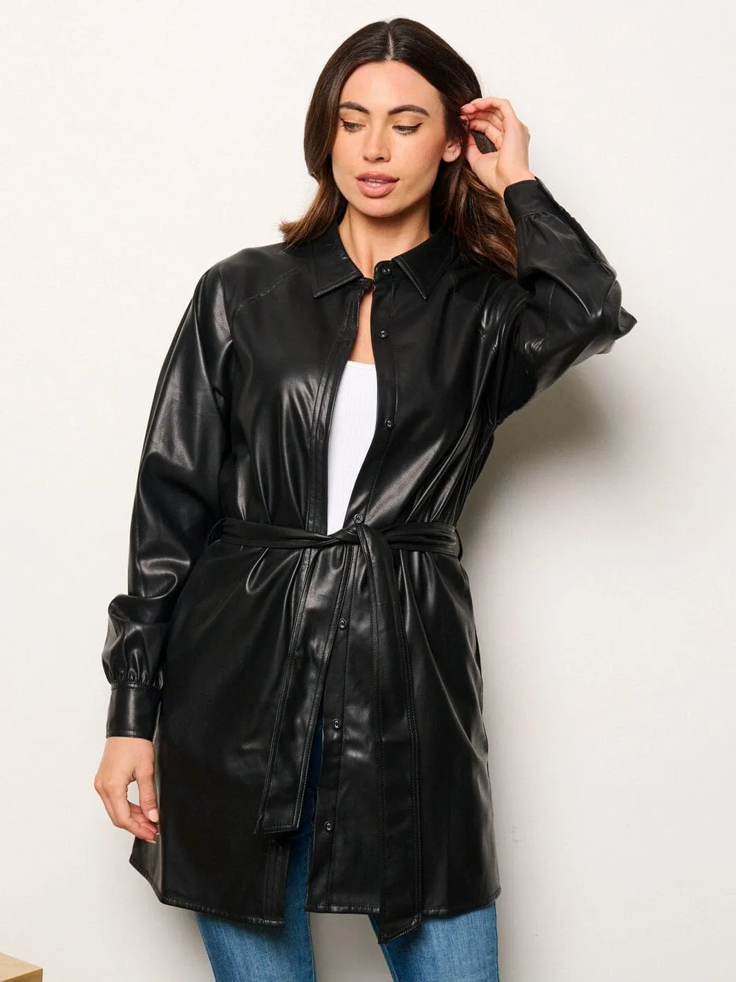 WOMEN'S LONG SLEEVE BUTTON UP SELF TIE PU PLEATHER JACKET