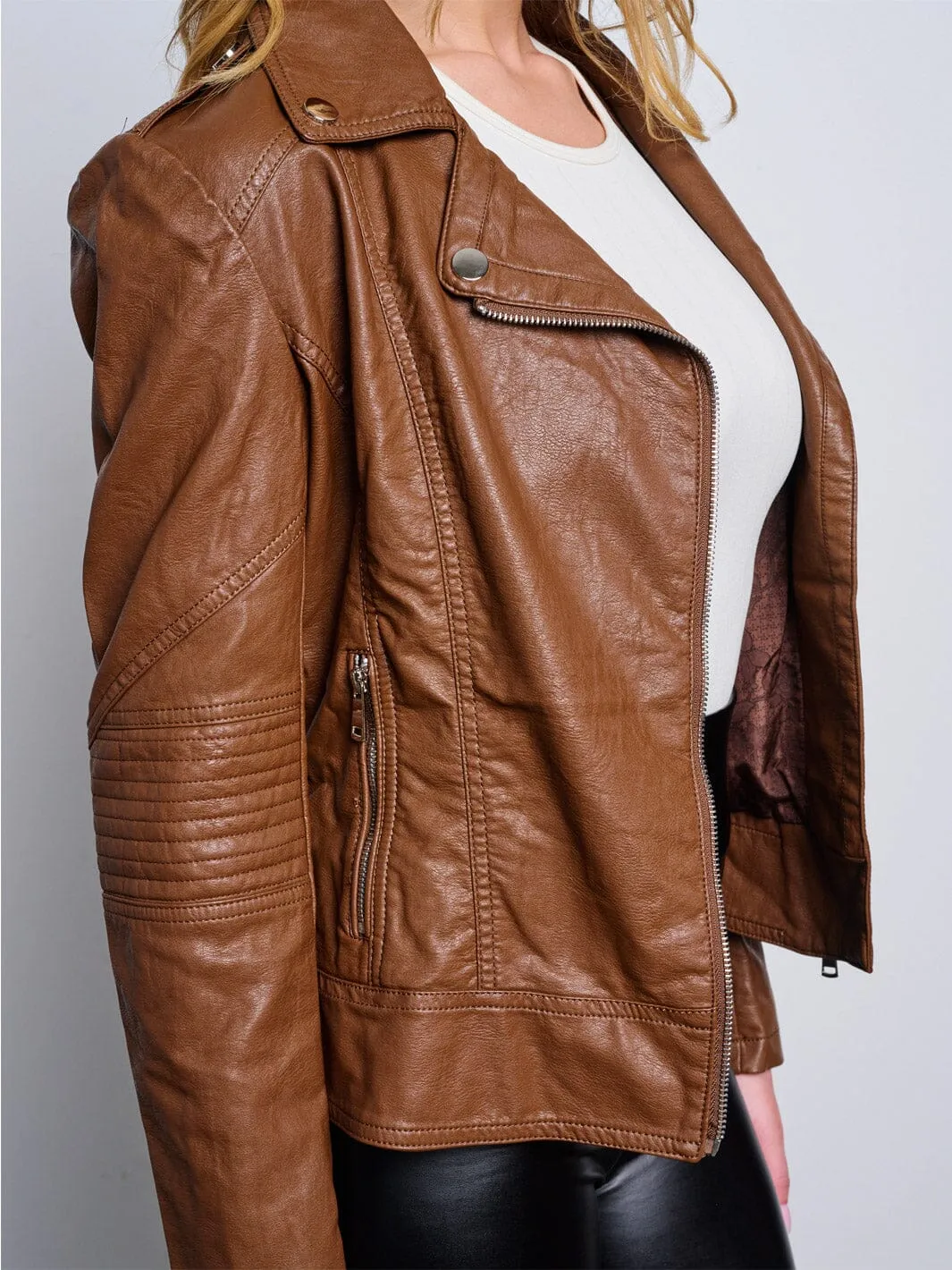 WOMEN'S LONG SLEEVE ZIP UP PU PLEATHER JACKET
