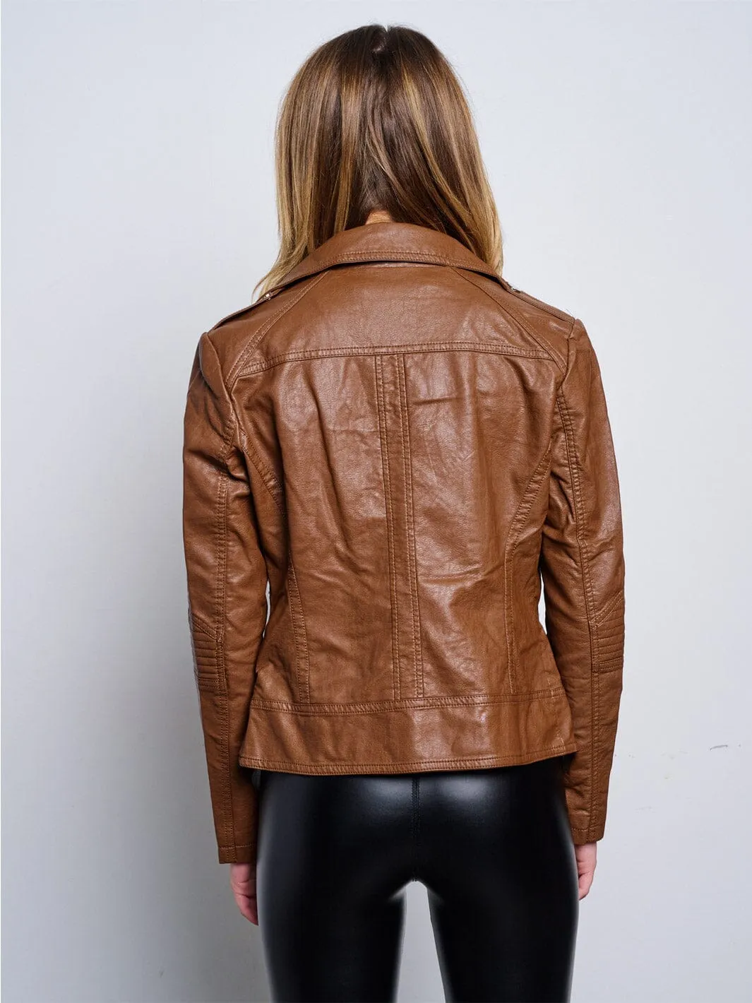 WOMEN'S LONG SLEEVE ZIP UP PU PLEATHER JACKET