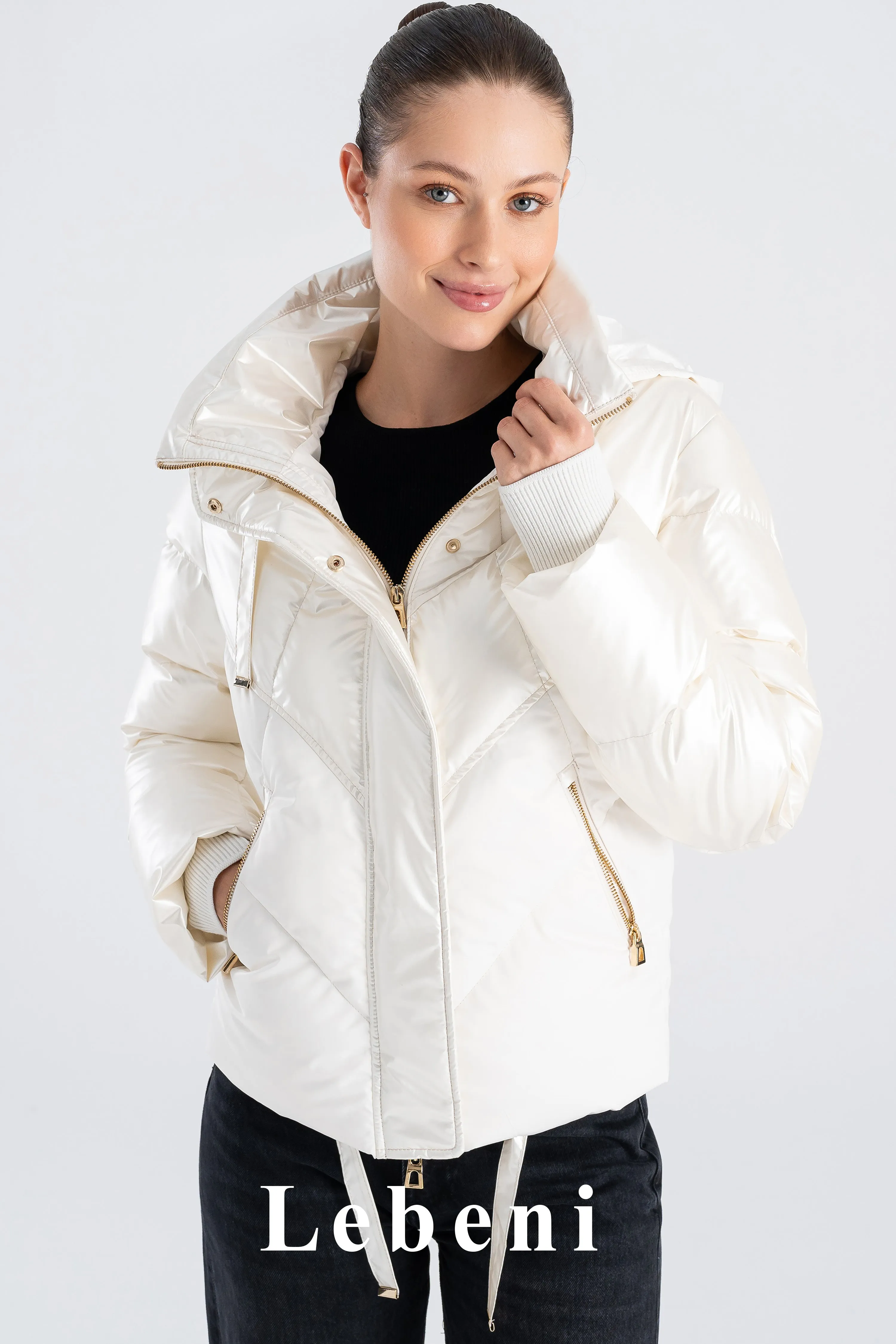 Women's White Shiny Hooded Ski Jacket - Hidden Hood, Color Block