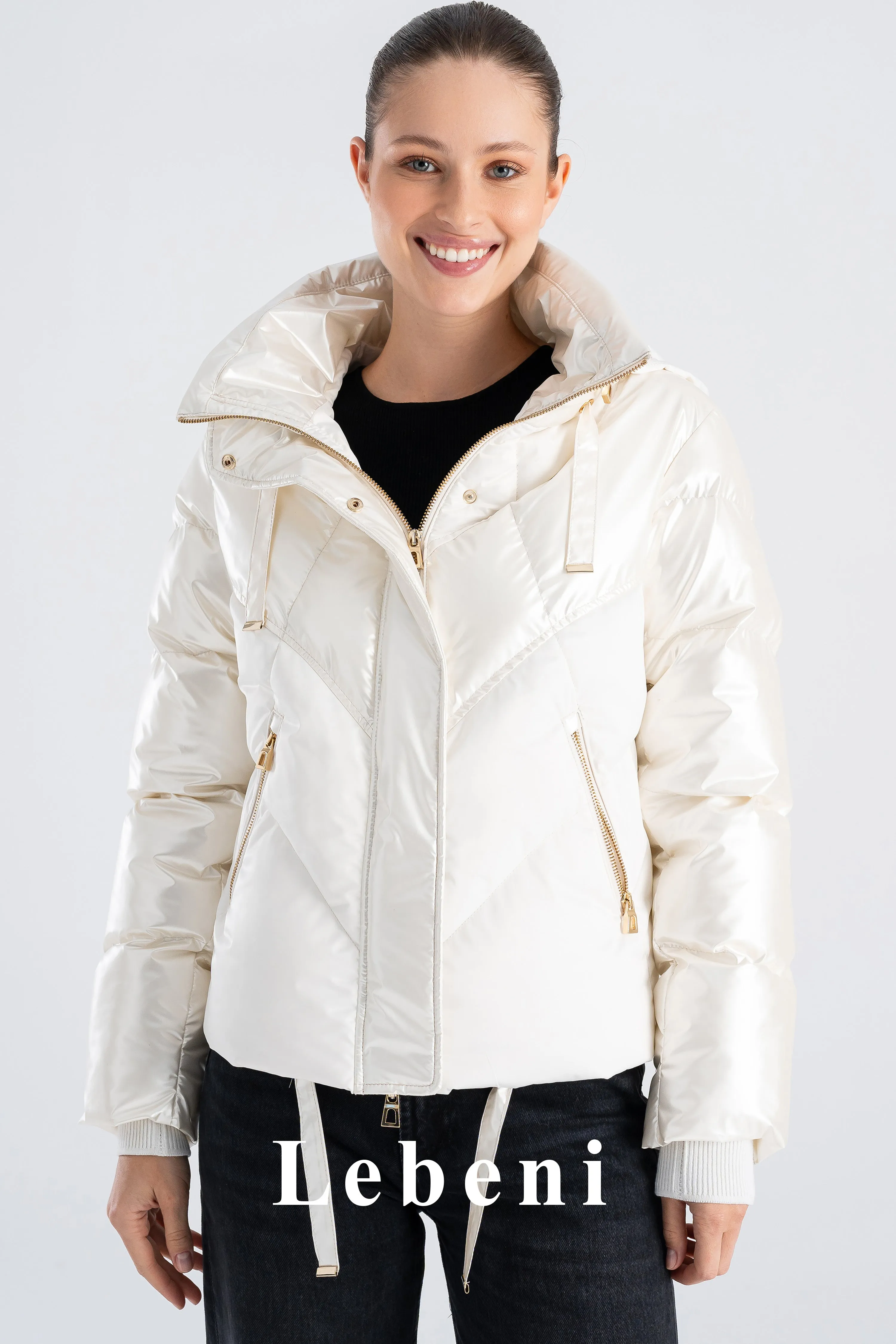 Women's White Shiny Hooded Ski Jacket - Hidden Hood, Color Block