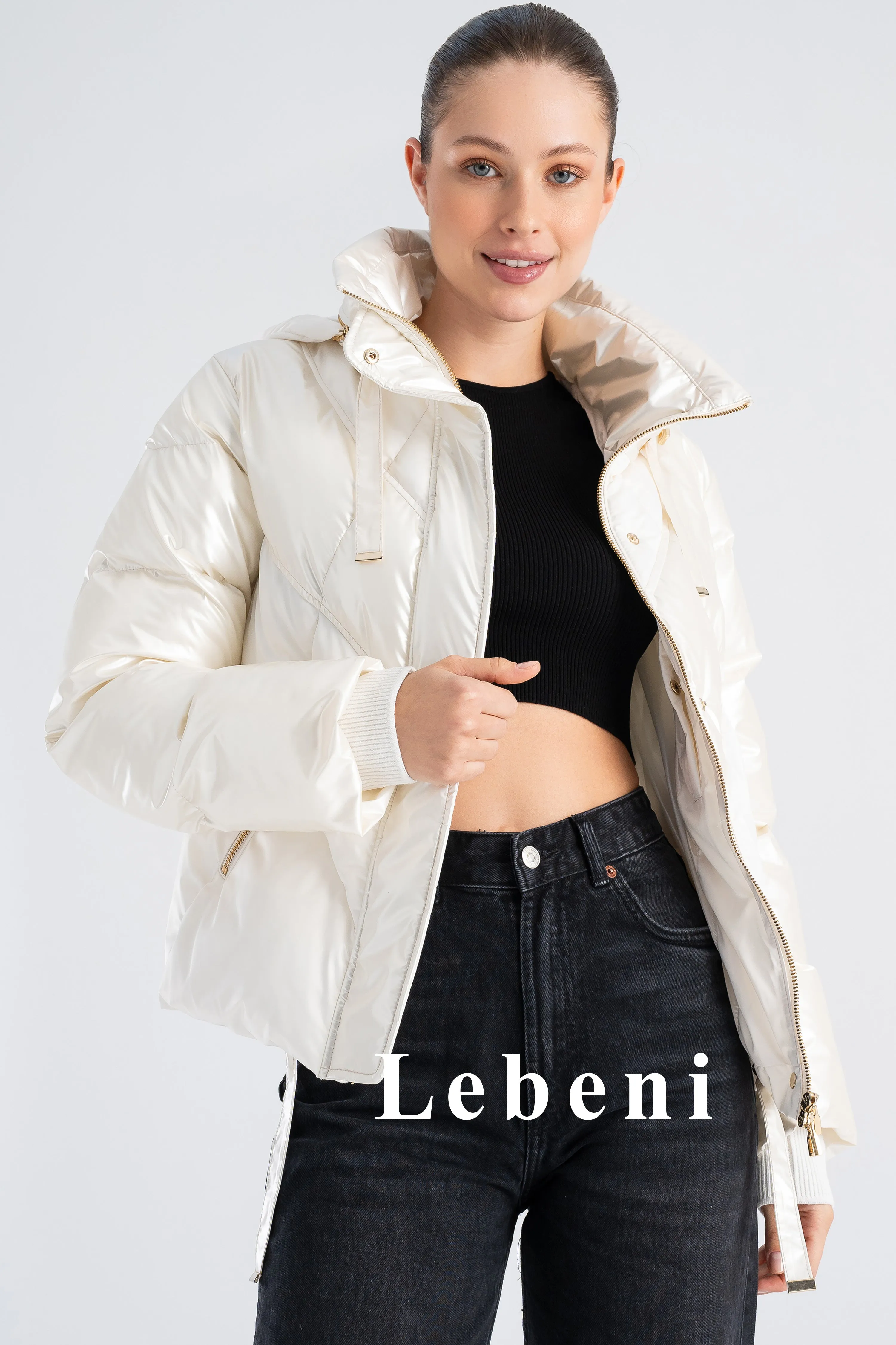 Women's White Shiny Hooded Ski Jacket - Hidden Hood, Color Block